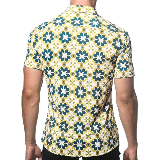 Teal/Citrus Floral Tiles Performance Stretch Short Sleeve Shirt by Postmarc