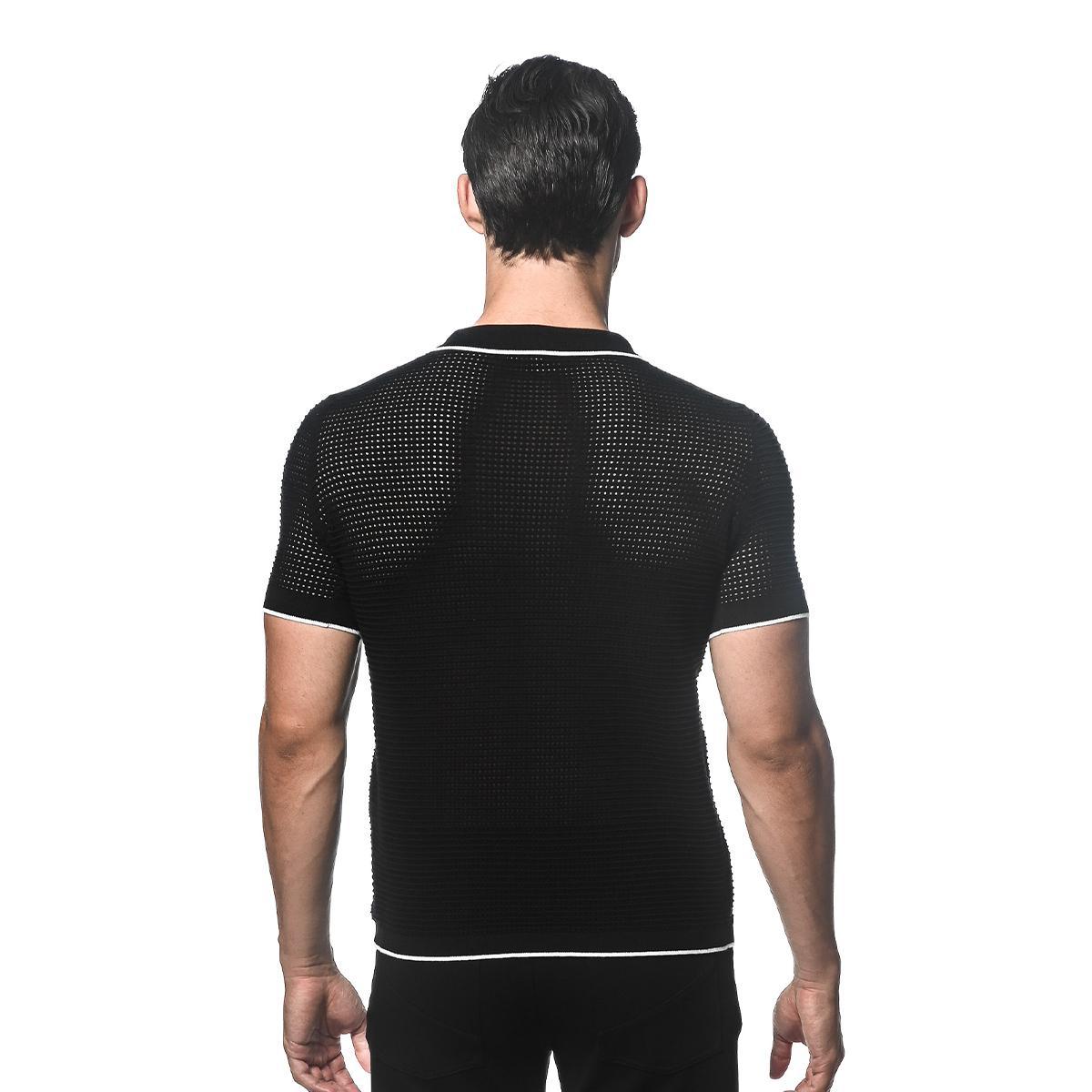 Black/White Textured Johnny Collar Mesh Knitted Polo by Postmarc