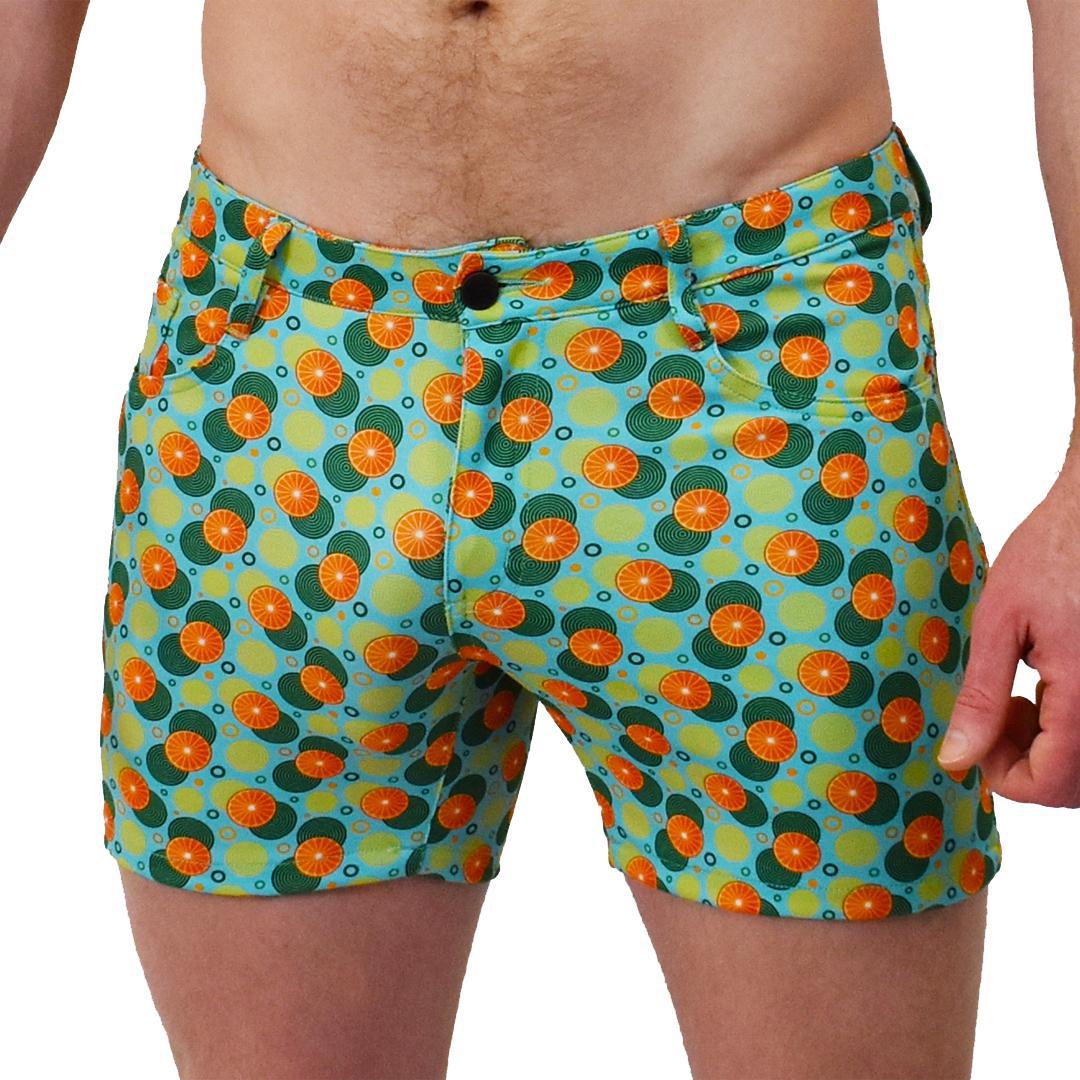 Spiral Oranges Aqua Blue/Orange Patterned 5-Pocket Stretch Shorts with 5" Inseam by Assassin Menswear