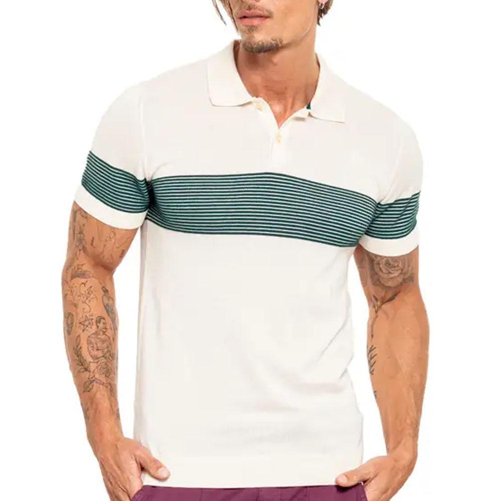 Striped Chest Beige Knit Polo by Eight X