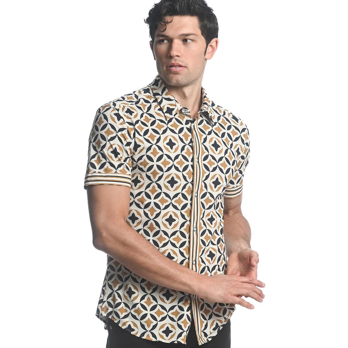 Amber/Sand Floral Mosaic Performance Stretch Short Sleeve Shirt by Postmarc