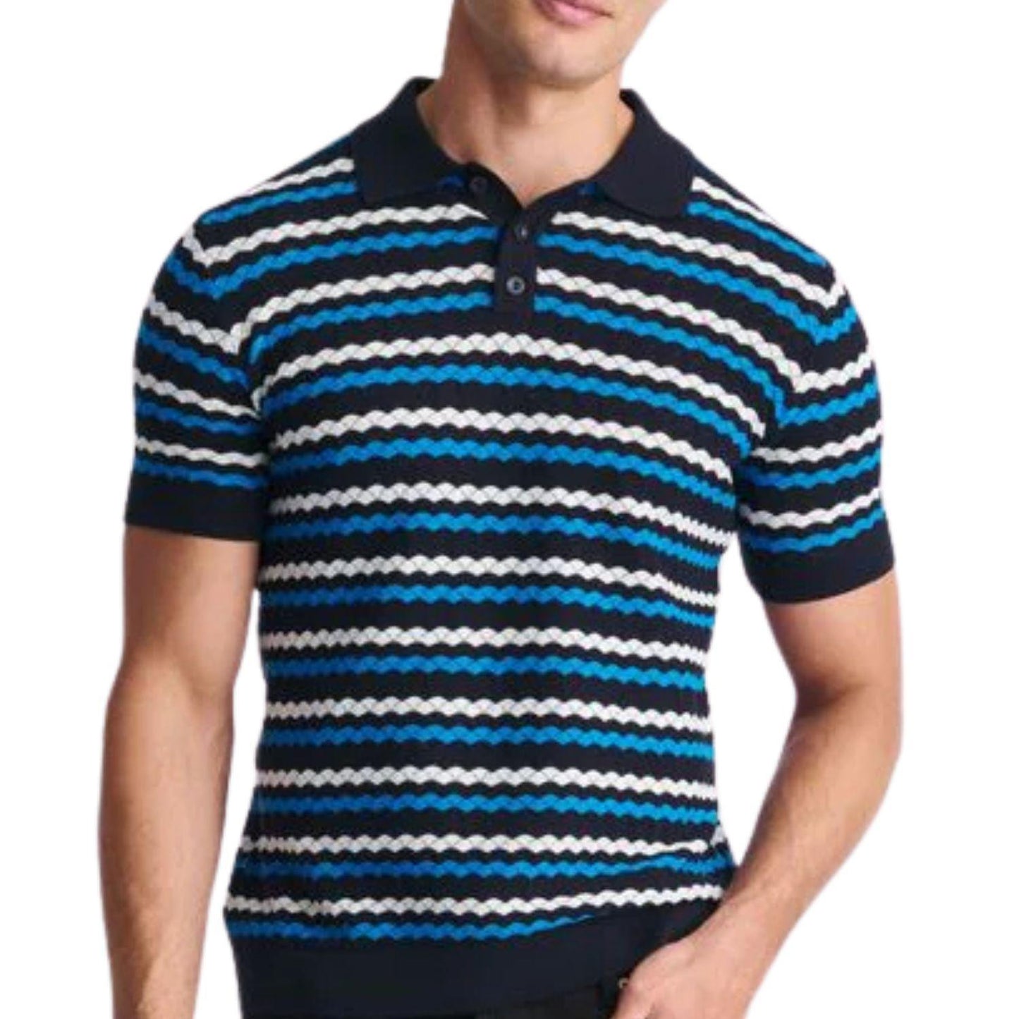 Peacock/Navy/Off White Wave Textured Cotton 3-Button Knit Polo by Postmarc