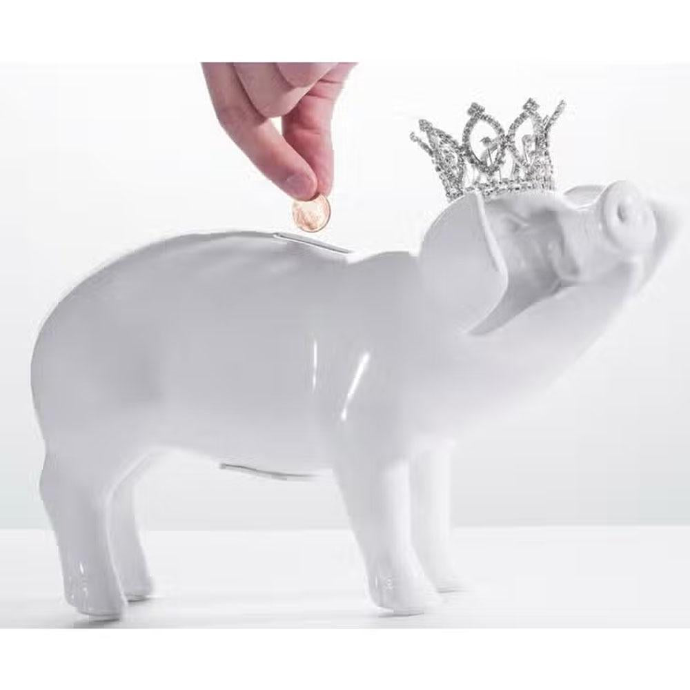 White Piggy Bank with Tiara - 10.5" Long by Interior Illusions Plus