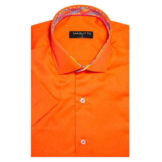 Forli Coral Orange Solid Color Cotton Short Sleeve Shirt by Masutto