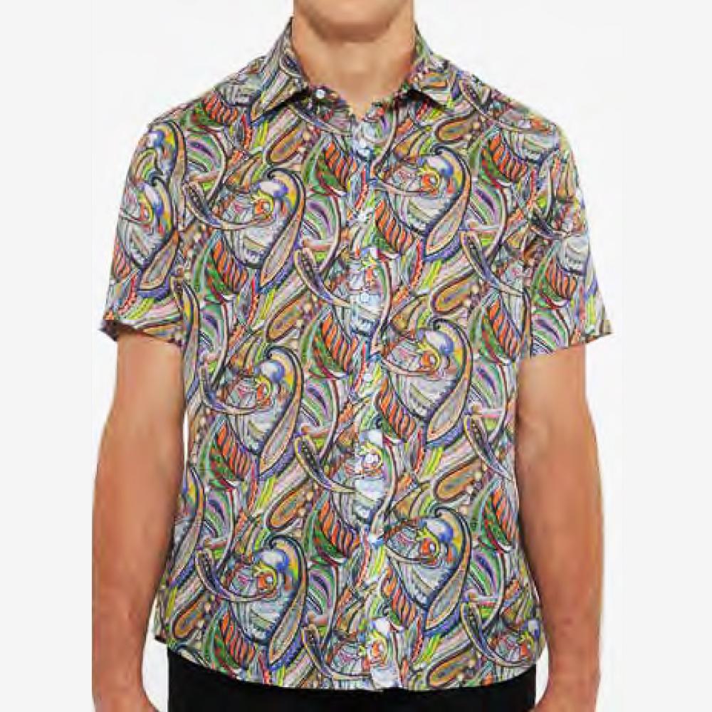 Orange Multi Paisley Linen/Tencel Short Sleeve Shirt by Postmarc