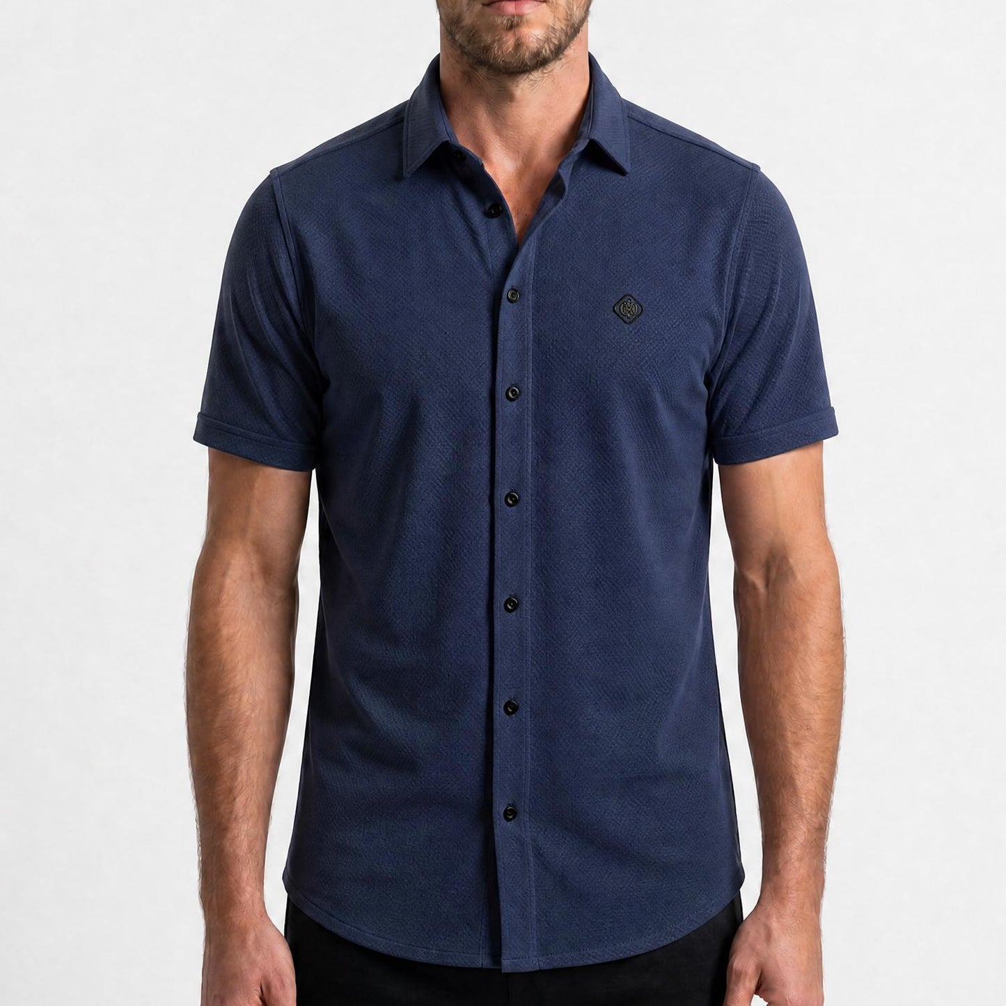 Navy Jacquard Knit Short Sleeve Shirt