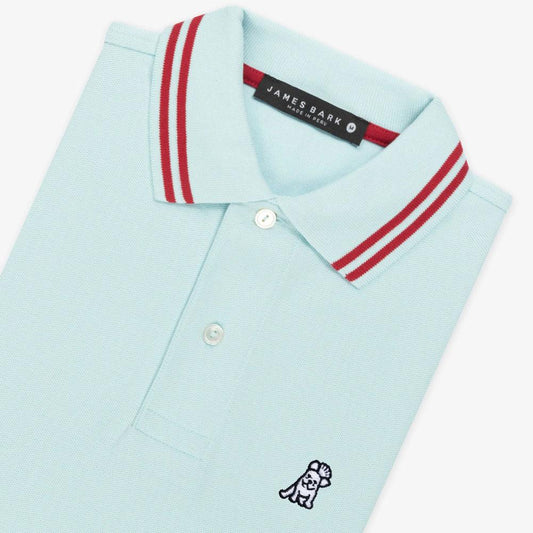 Light Blue Polo Shirt with Red Striped Collar and French Bulldog Logo by James Bark