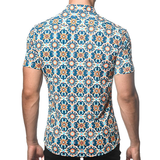 Cobalt/Sunrise Floral Tiles Performance Stretch Short Sleeve Shirt by Postmarc