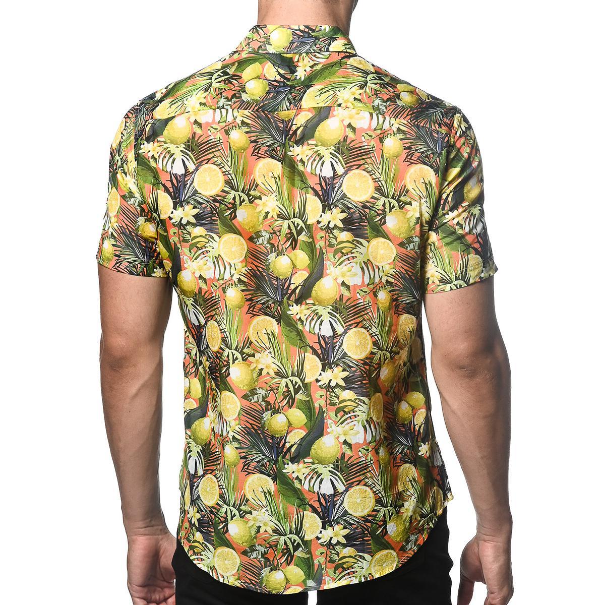 Coral/Lemon Fruits Cotton/Silk Short Sleeve Shirt by Postmarc