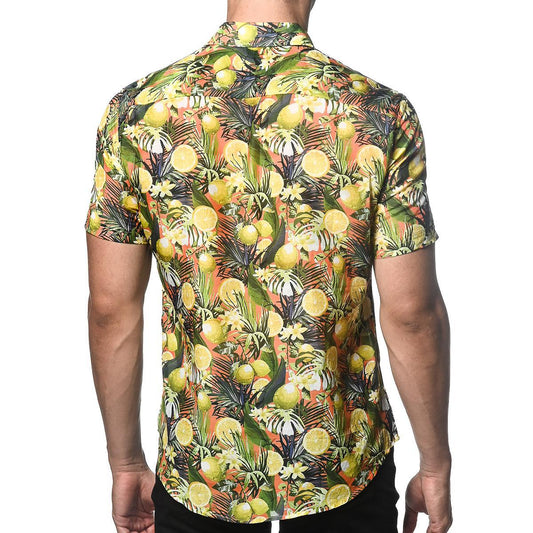 Coral/Lemon Fruits Cotton/Silk Short Sleeve Shirt by Postmarc