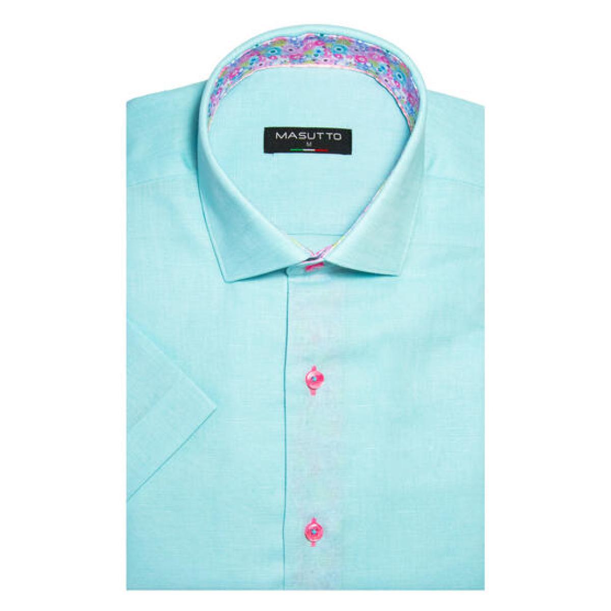 Brianne Aqua Blue Solid Color Linen Short Sleeve Shirt by Masutto