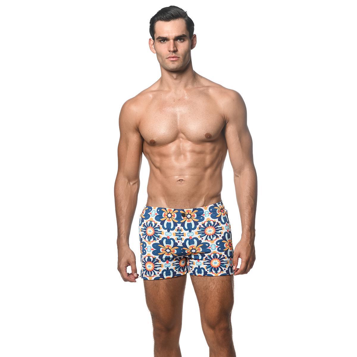 Cobalt/Sunrise Floral Tile Seersucker Swim Shorts by Postmarc