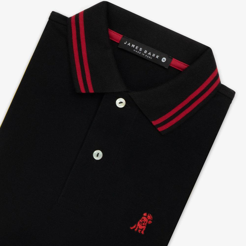 Black Regular Fit Polo Shirt with Red Striped Collar and French Bulldog Logo by James Bark