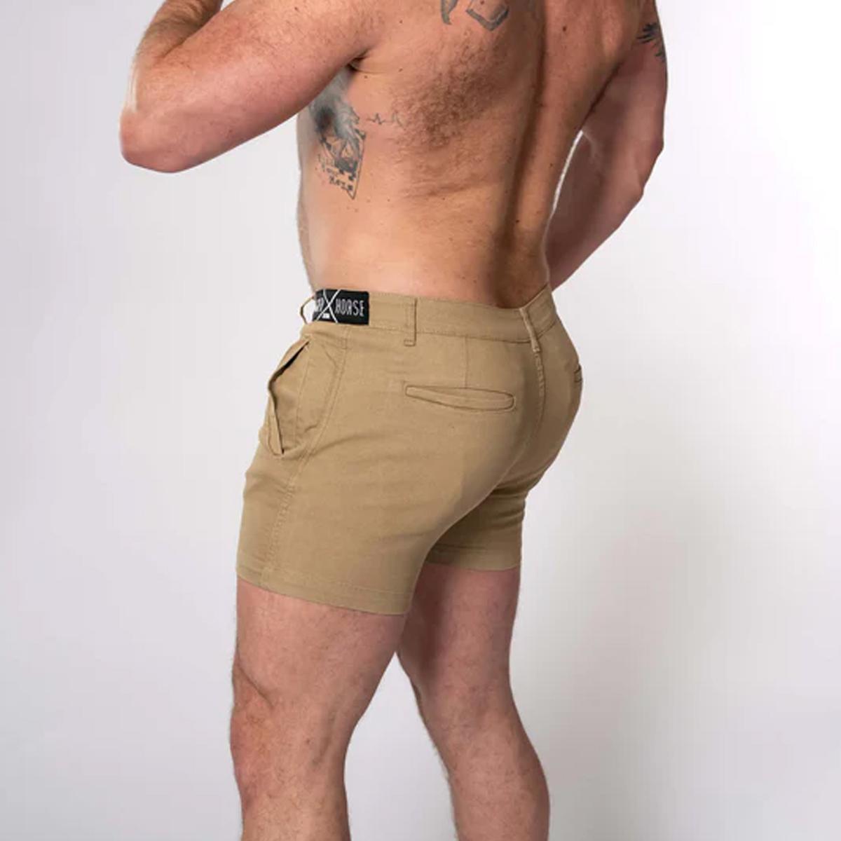 Camel Khaki 4" Inseam Stretch Cotton Finn Shorts by TigerXHorse Denim