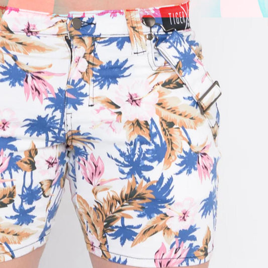 Taj White Hawaiian Limited Edition Shorts with Fashion Straps by TigerXHorse Denim