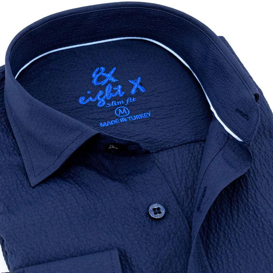Navy Seersucker Long Sleeve Button Down Shirt by Eight-X
