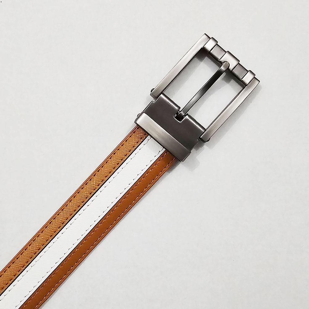 Tan/White Leather Stripe Belt with Classic Buckle by Marco Valentino