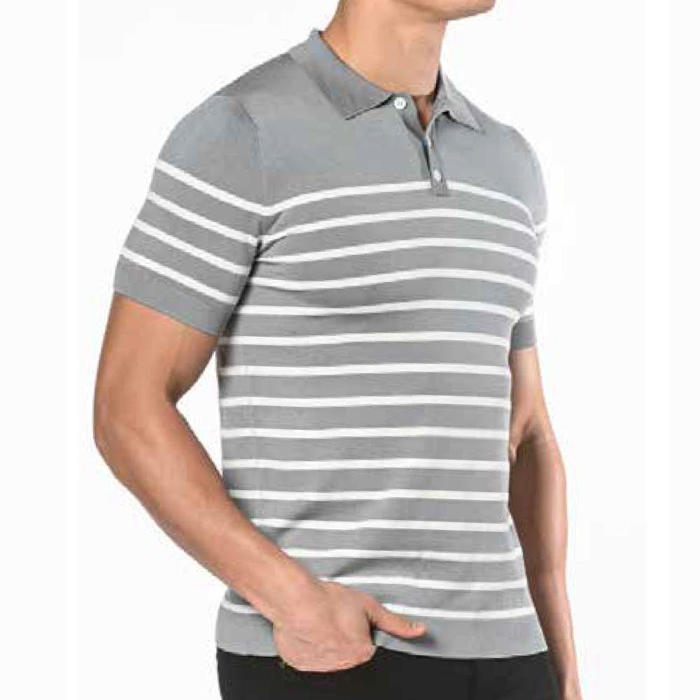Grey Silk/Tencel 3-Button Stripe Knitted Polo by Postmarc