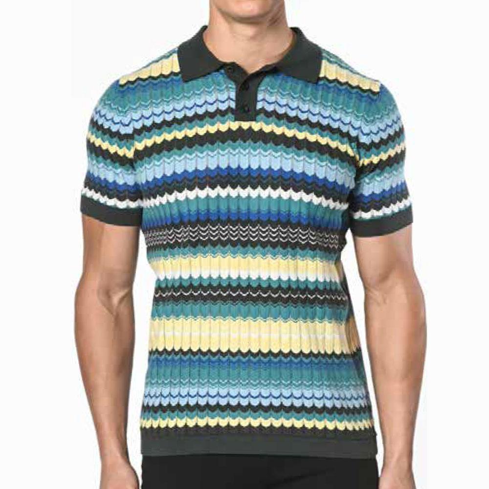 Royal/Yellow Wave Cotton Textured Knit Polo Shirt by Postmarc