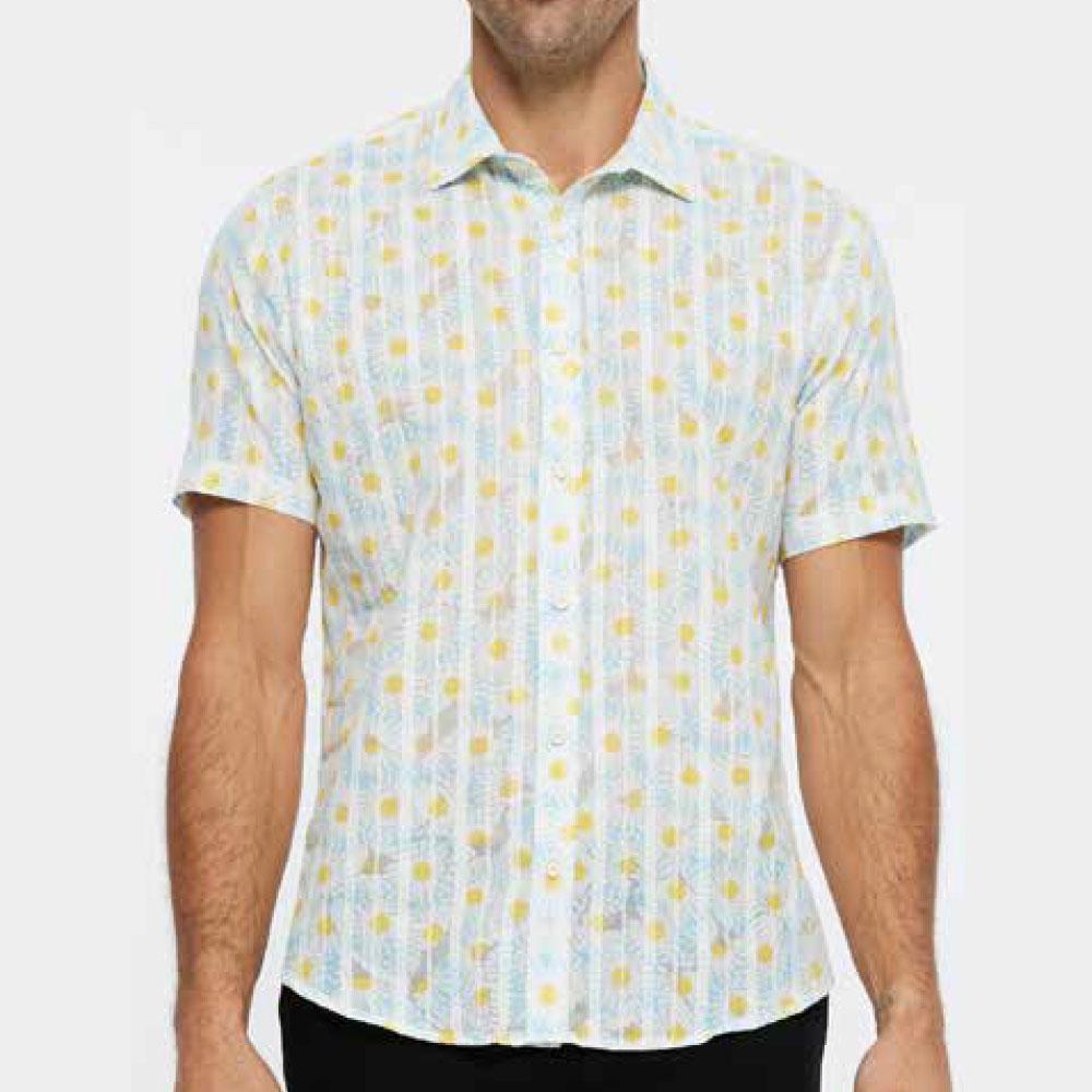 Sky Blue/White Daisies Printed Cotton Short Sleeve Shirt by Postmarc