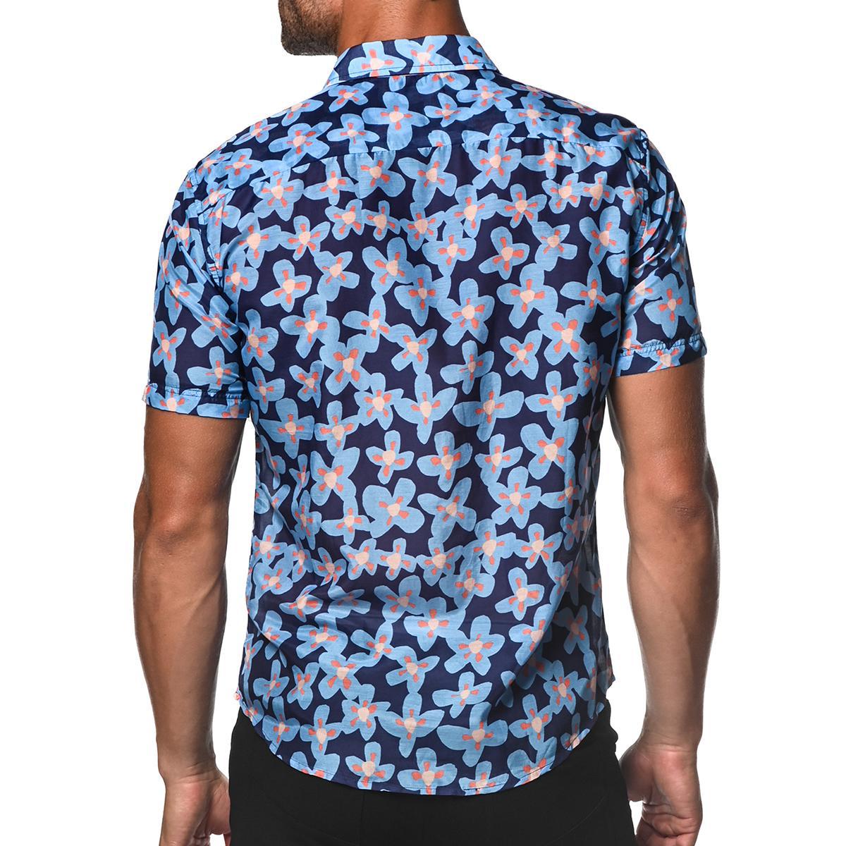 Blue/Navy Floral Cotton and Silk Short Sleeve Shirt by Postmarc