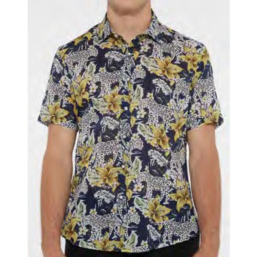 Black/Gold Leopard Cotton/Silk Woven Short Sleeve Shirt by Postmarc (PM-44009)
