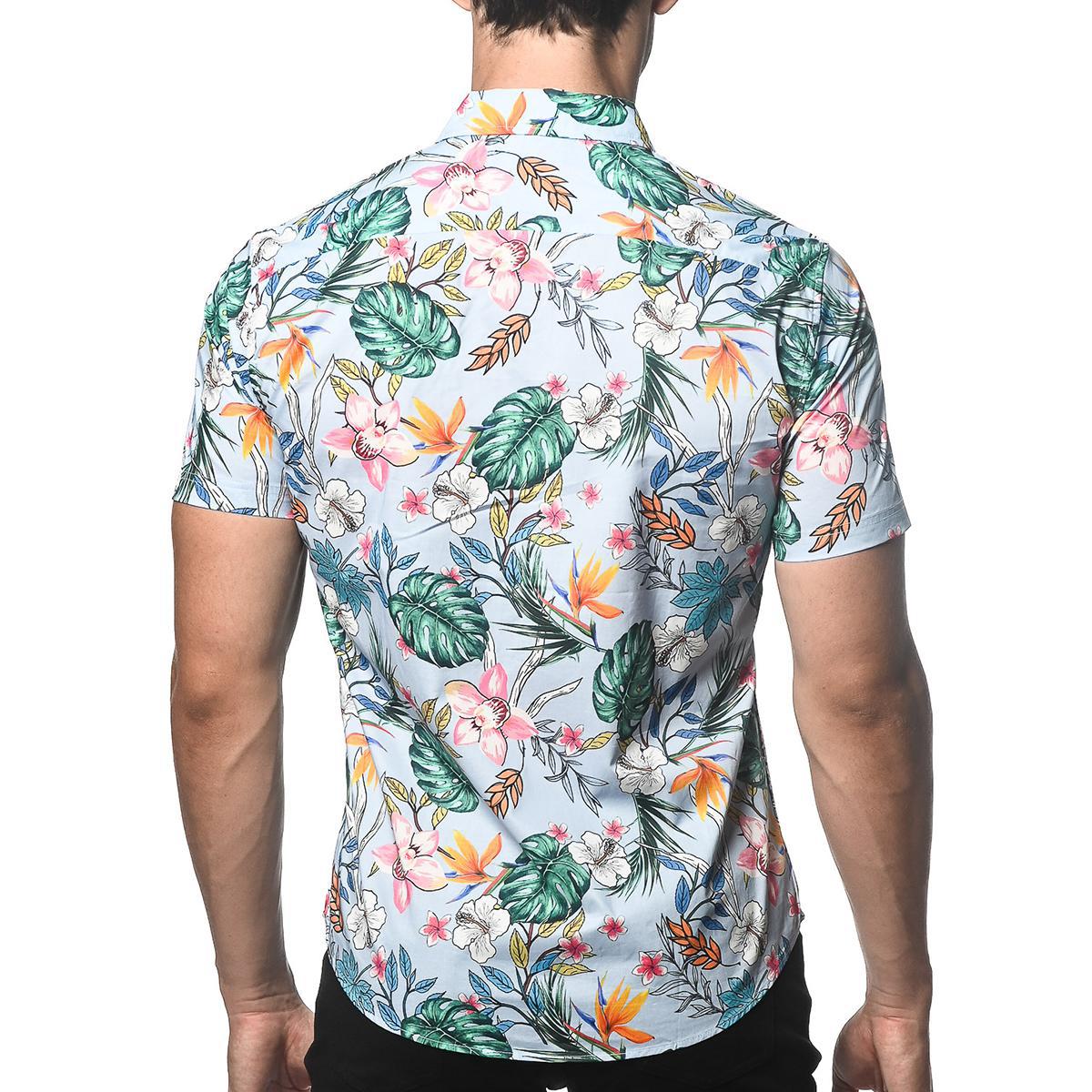Cloud/Teal Fauna Cotton/Tencel Short Sleeve Shirt by Postmarc