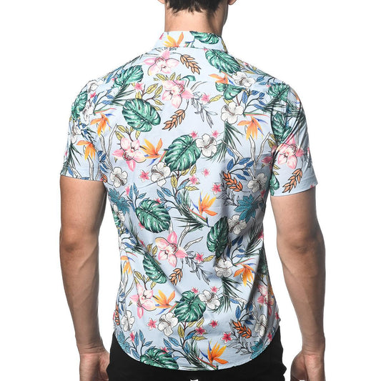 Cloud/Teal Fauna Cotton/Tencel Short Sleeve Shirt by Postmarc