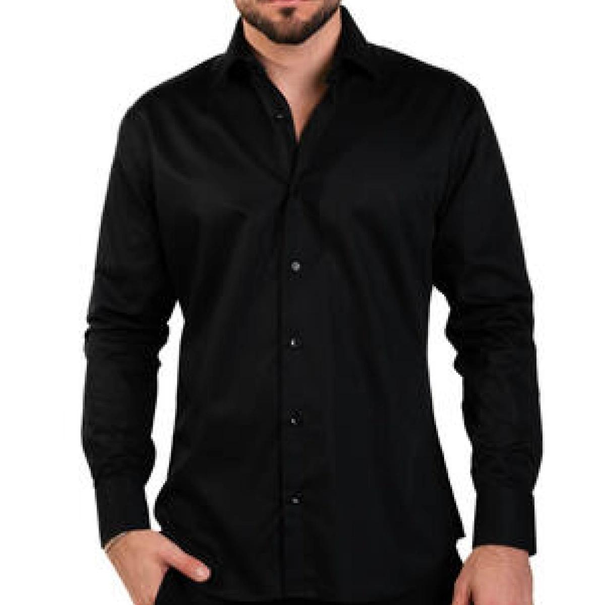Black Solid Color Cotton Long Sleeve Shirt by Masutto