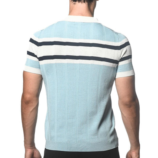 Blue Smoke Silk/Tencel Striped Knitted Polo by Postmarc