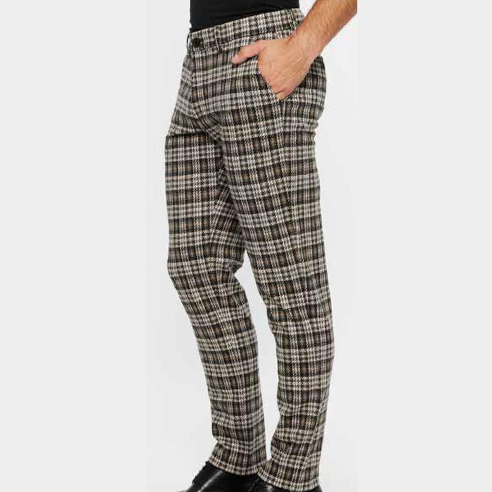 Tan/Black Glen Plaid Stretch Knit Wool Look Tailored Pants by Postmarc