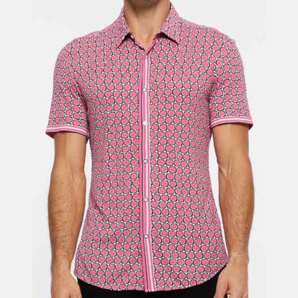 Blush Pink/Red Pebbles Stretch Nylon Performance Stretch Short Sleeve Shirt by Postmarc