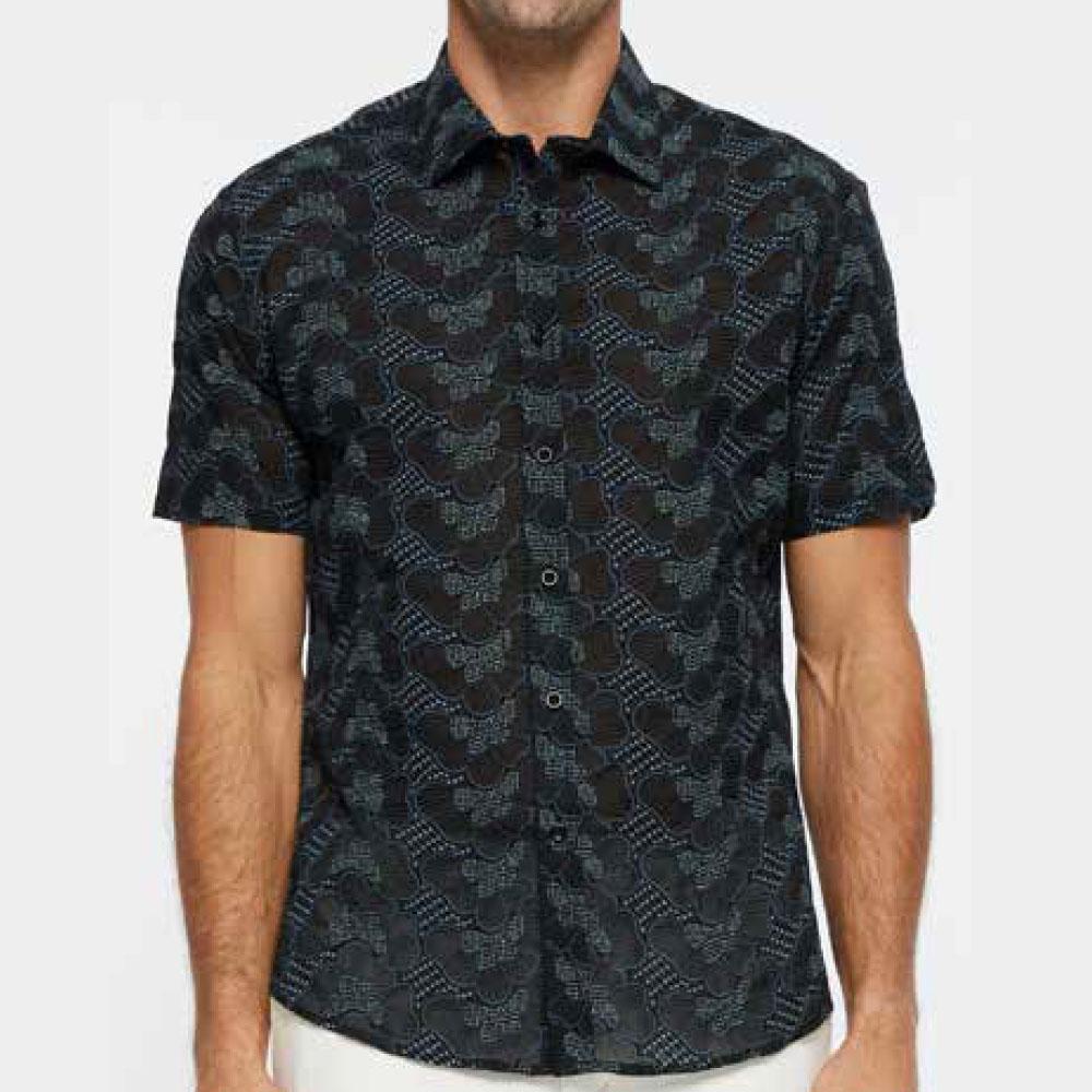 Black/White Floral Dots Cotton Short Sleeve Shirt by Postmarc