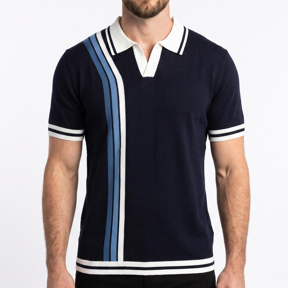 Navy and Slate Retro Racer Stripes Johnny Collar Cotton Knit Polo Shirt