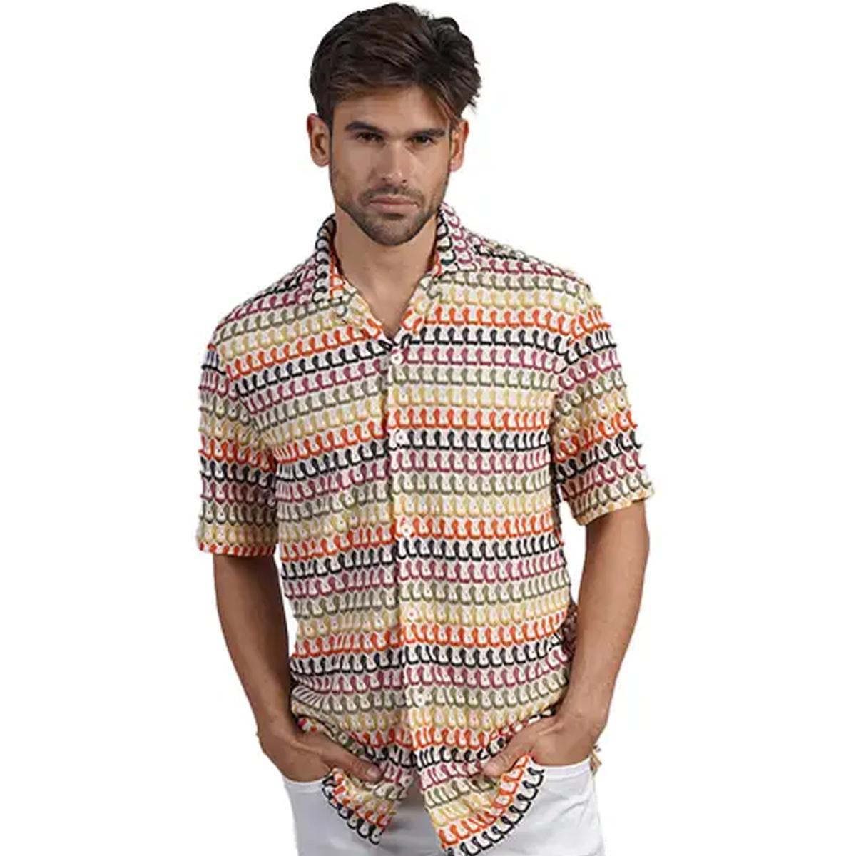Lantana Retro Crochet Multicolor Short Sleeve Button Up Shirt by Eight X