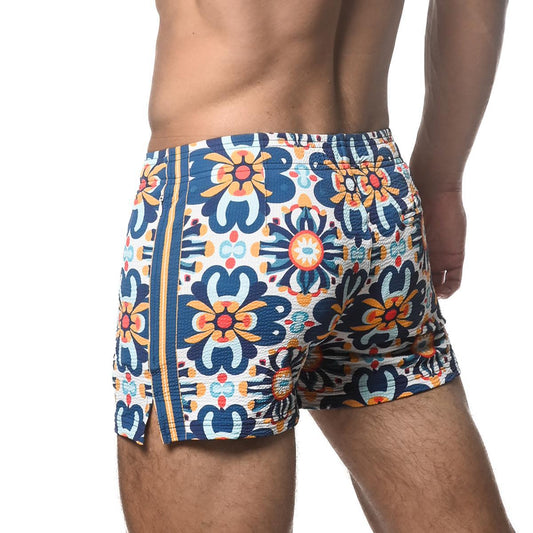 Cobalt/Sunrise Floral Tile Seersucker Swim Shorts by Postmarc