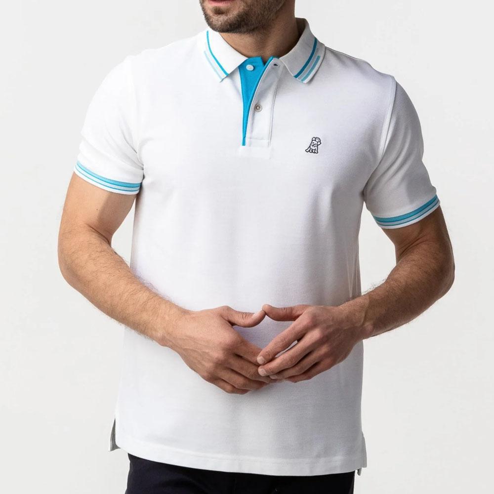 White Polo Shirt with Teal Blue Striped Collar and French Bulldog Logo by James Bark