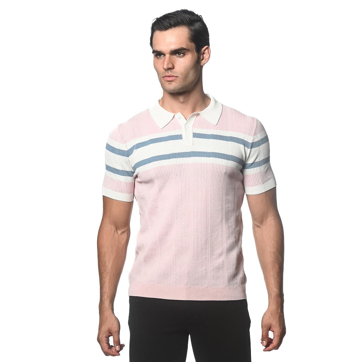 Mist Pink Silk/Tencel Striped Knitted Polo by Postmarc
