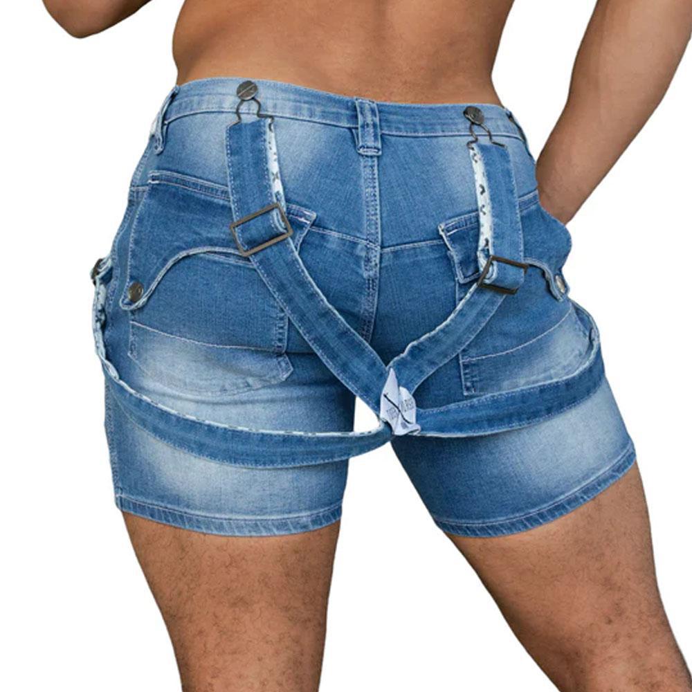 Homar Sky Blue Distressed Denim Romey Shorts with Fashion Straps by TigerXHorse Denim