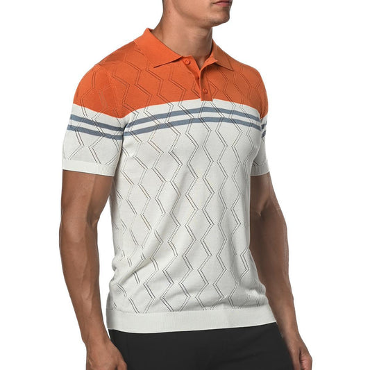 Sienna Orange/Slate Blue Zigzag Stripe Silk and Tencel Knit Polo Shirt by Postmarc