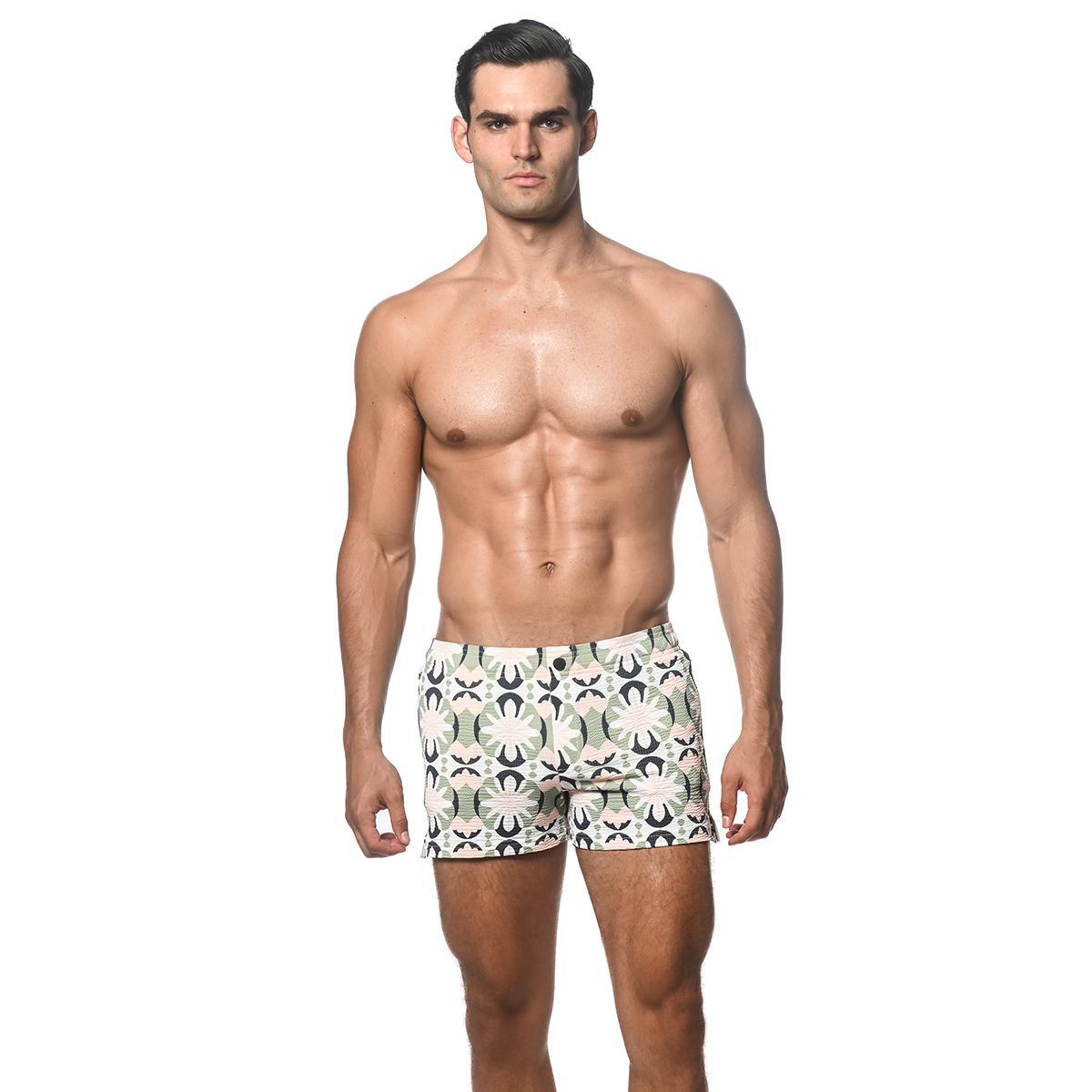 Aloe/Spruce Floral Tile Seersucker Swim Shorts by Postmarc