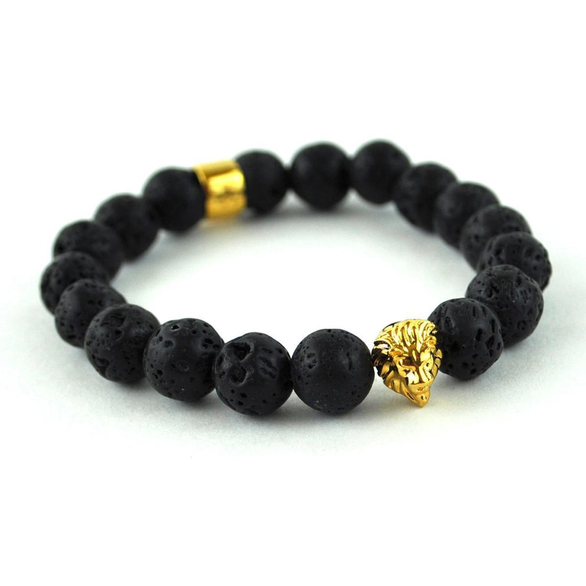 Lava Stone Lion Beaded 8" Bracelet by Gold Gods