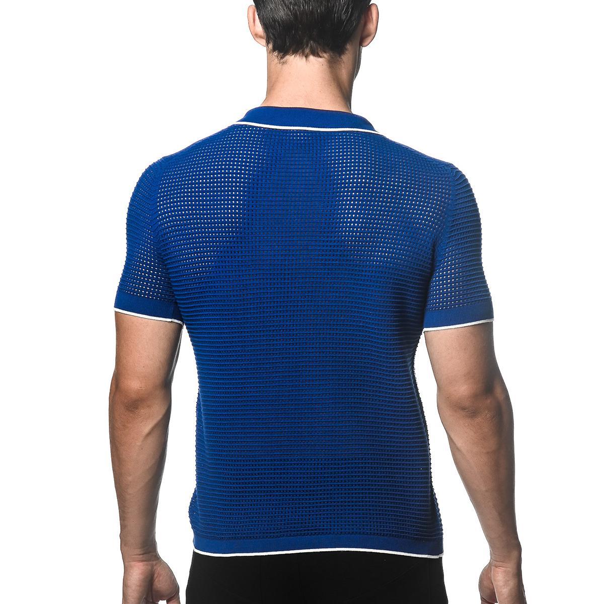 Cobalt/White Textured Johnny Collar Mesh Knitted Polo by Postmarc