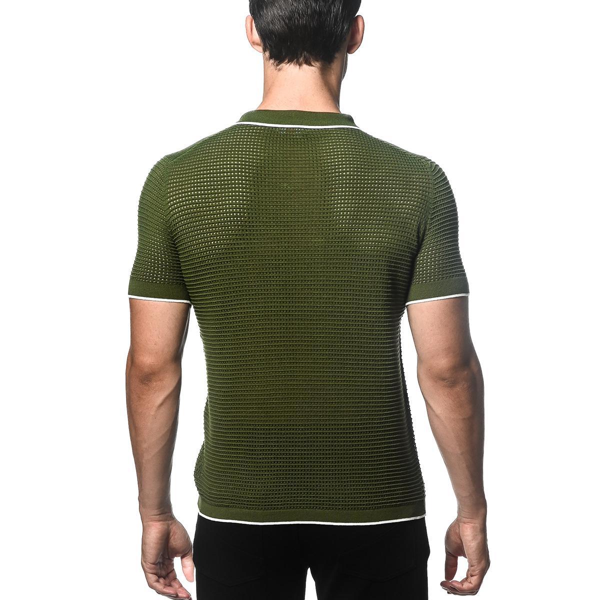 Grass/White Textured Johnny Collar Mesh Knitted Polo by Postmarc Copy
