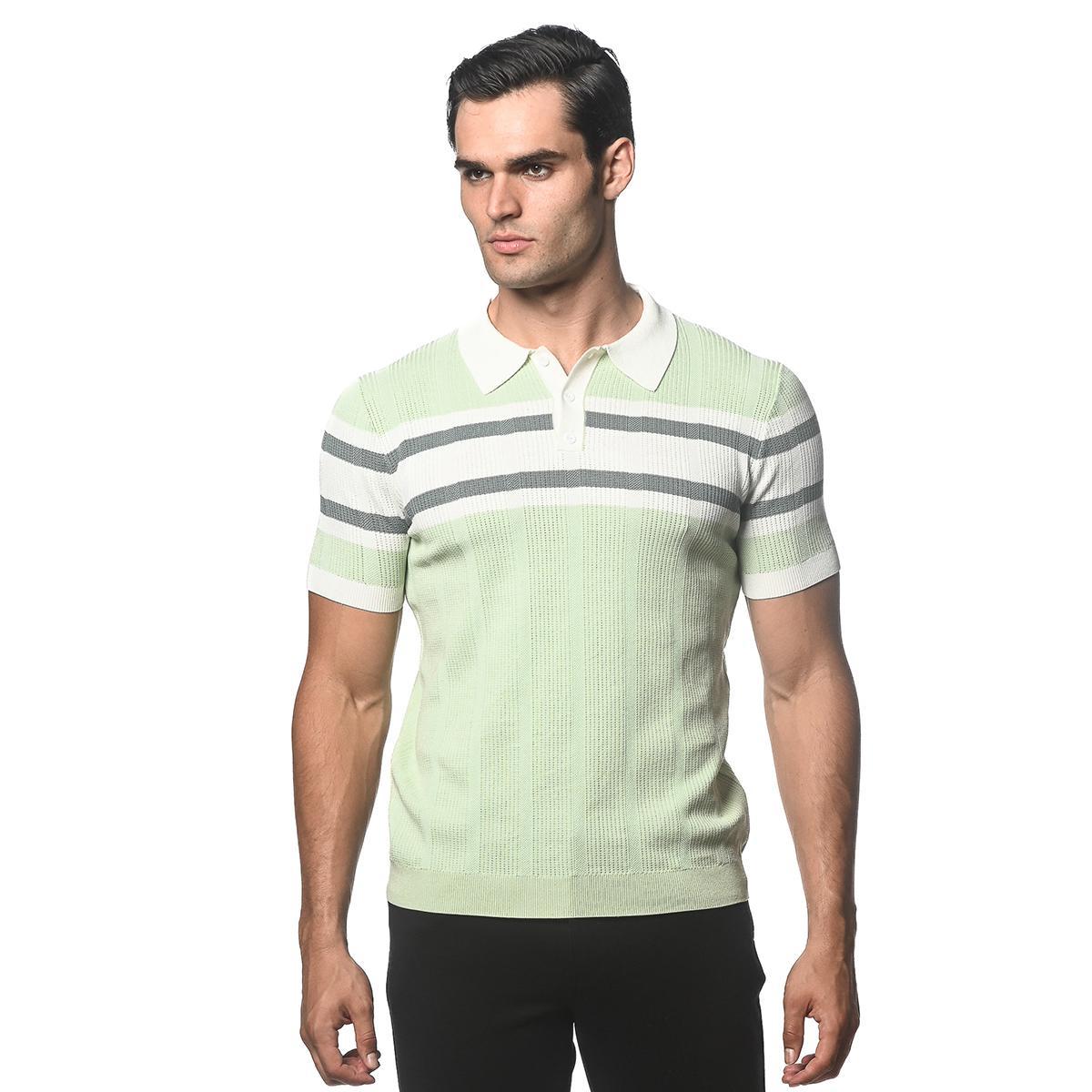 Cool Mint Green Silk/Tencel Striped Knitted Polo by Postmarc