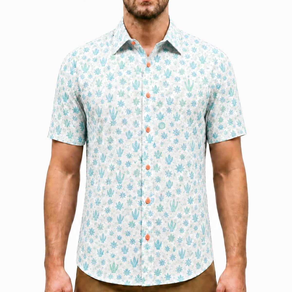 Desert Cactus Stretch Cotton Short Sleeve Button Down Shirt