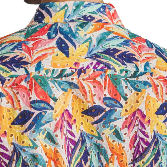Rainbow Leaves Printed Eyelet Short Sleeve Woven Shirt by Postmarc