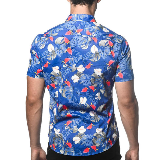 Cobalt/Red Tropicale Cotton/Tencel Short Sleeve Shirt by Postmarc