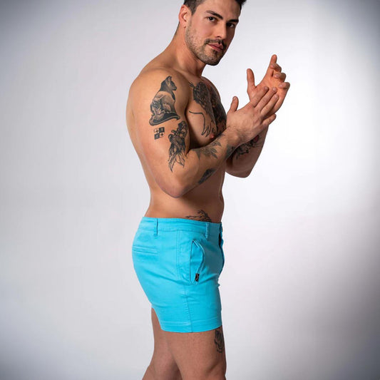 Malibu Blue 4" Inseam Stretch Cotton Finn Shorts by TigerXHorse Denim