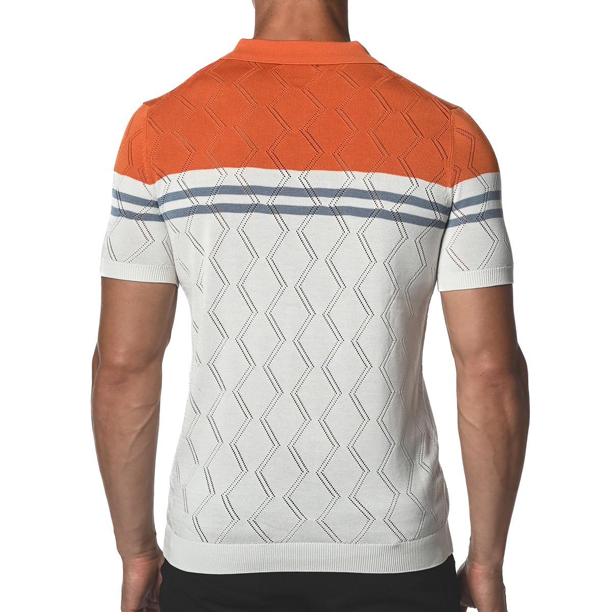 Sienna Orange/Slate Blue Zigzag Stripe Silk and Tencel Knit Polo Shirt by Postmarc